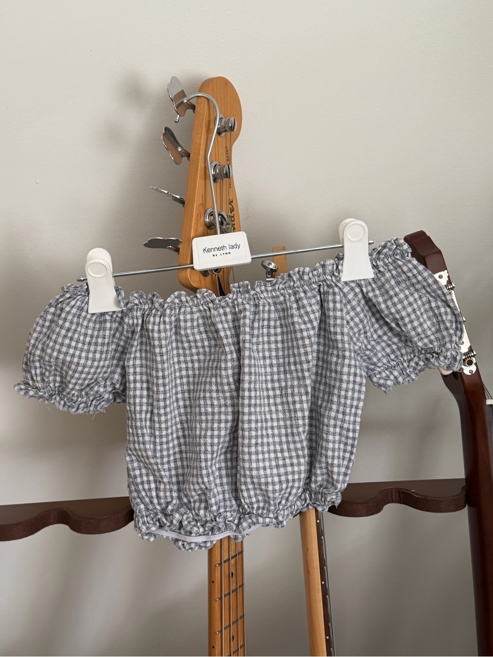 Korean Gray Gingham Off-Shoulder Crop Top